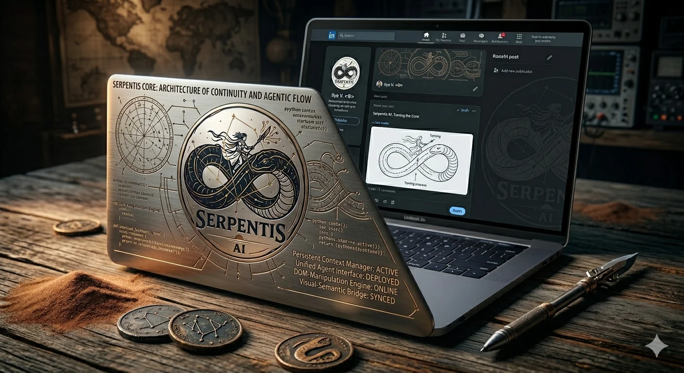 Serpentis: a symbolic research artefact beside a laptop